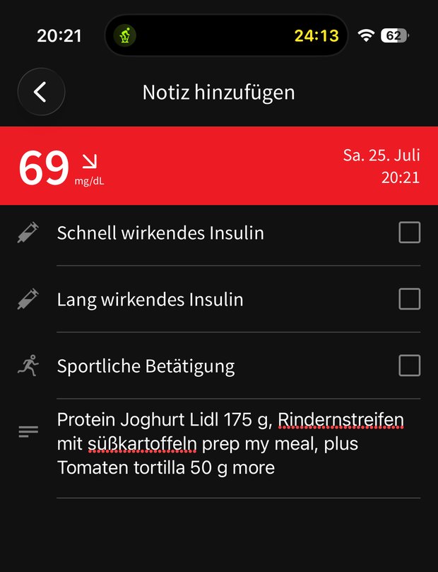 Screenshot der Libre-App mit der Mahlzeitennotiz um 20:21 Uhr