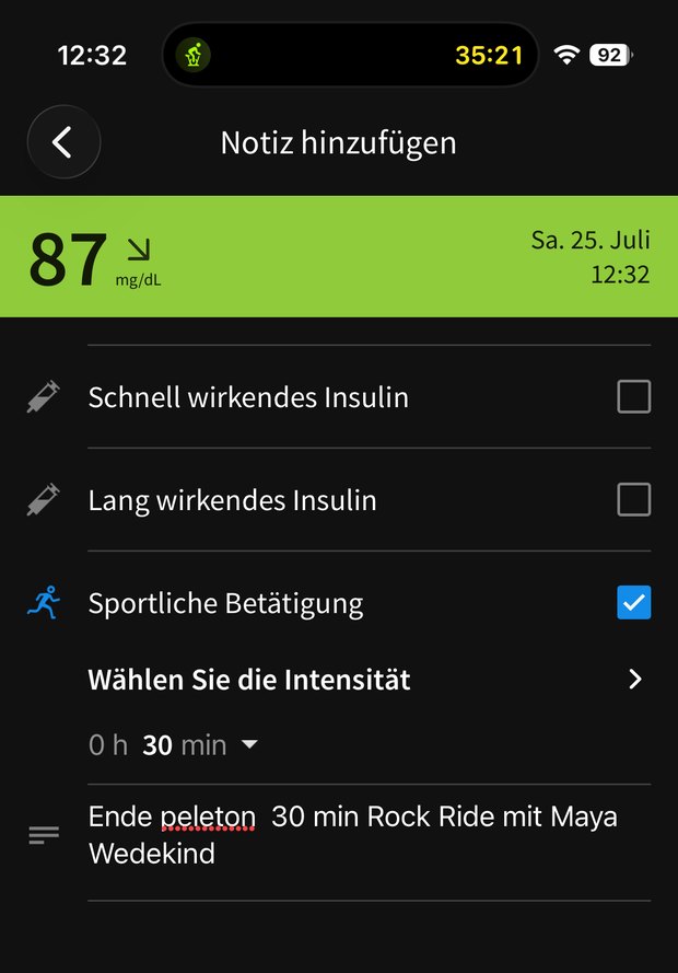 Screenshot der Libre-App: 87 mg/dl um 12:32 Uhr nach dem Peloton-Ride