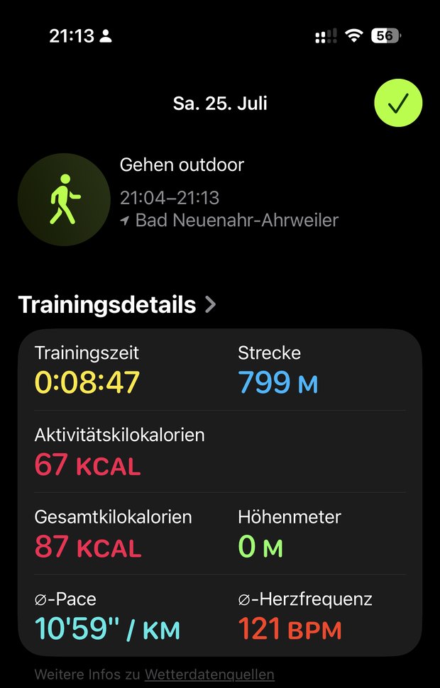 Screenshot der Trainingsdetails: Gehen outdoor, 8:47 Minuten, 799 Meter, 121 bpm